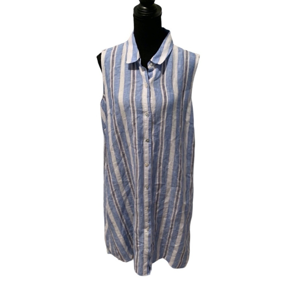 Magaschoni Sleeveless Striped Linen Midi Shirt Dress Large